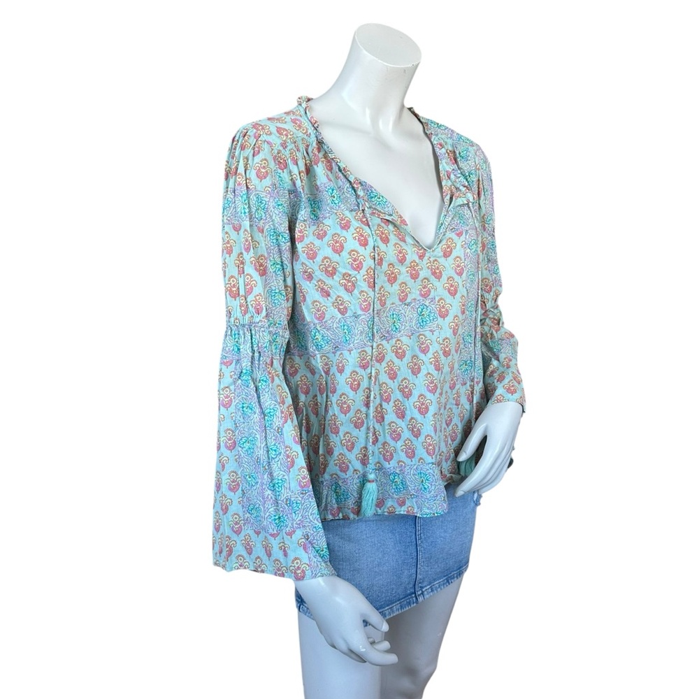 Anthropologie Lilka Pastel Blue Pink Boho Tapestry Floral Peasant Blouse Large - Picture 3 of 8